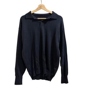 E-Luxe Polo Sweater Mens Large Black Long Sleeve Collared Extrafine Merino Wool